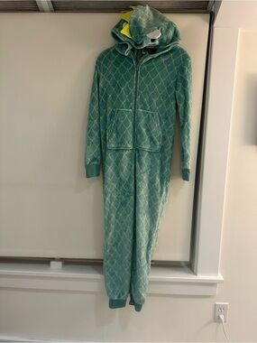 Nordstrom Teal Dragon Hooded One-Piece Pajama with Yellow Accents